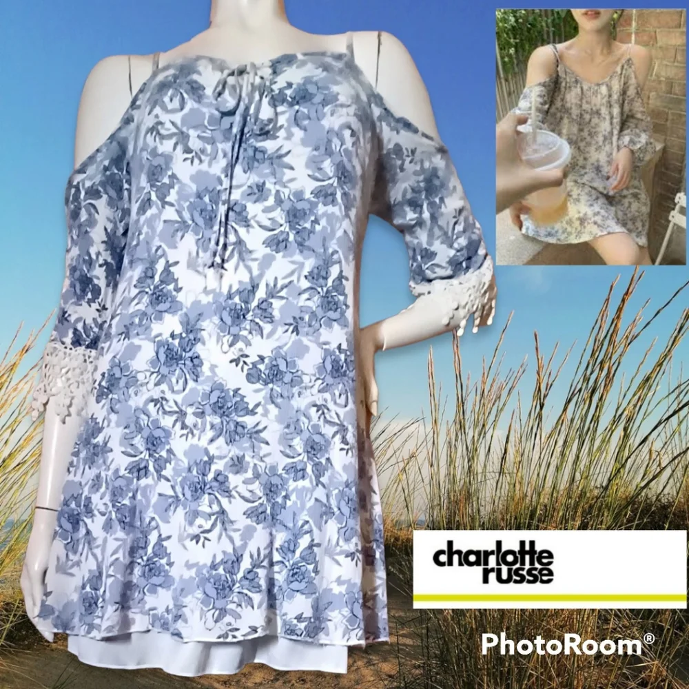 Mini Dress or Tunic Cold Shoulder Open Back Crochet Cottagecore Floral M Lg - Picture 6 of 7